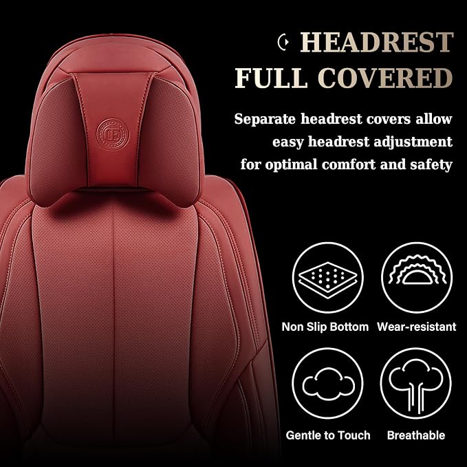 Coverado Universal Seat Covers Full Set, Universal Seat Covers for Cars, Waterproof Nappa Leather Car Seat Covers with Head Pillow, 5 Seats Auto Protectors Fit for Most Sedans SUV Pick-up Truck-Red