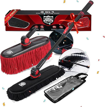 Car Duster Exterior with Extendable Handle, Scratch Free Auto Wash Brush Mop, Interior Detailing Kit for Truck RV Boat - 2in1-2 Heads (Chenille & Wax Cotton) with 1 Pole, Red Black
