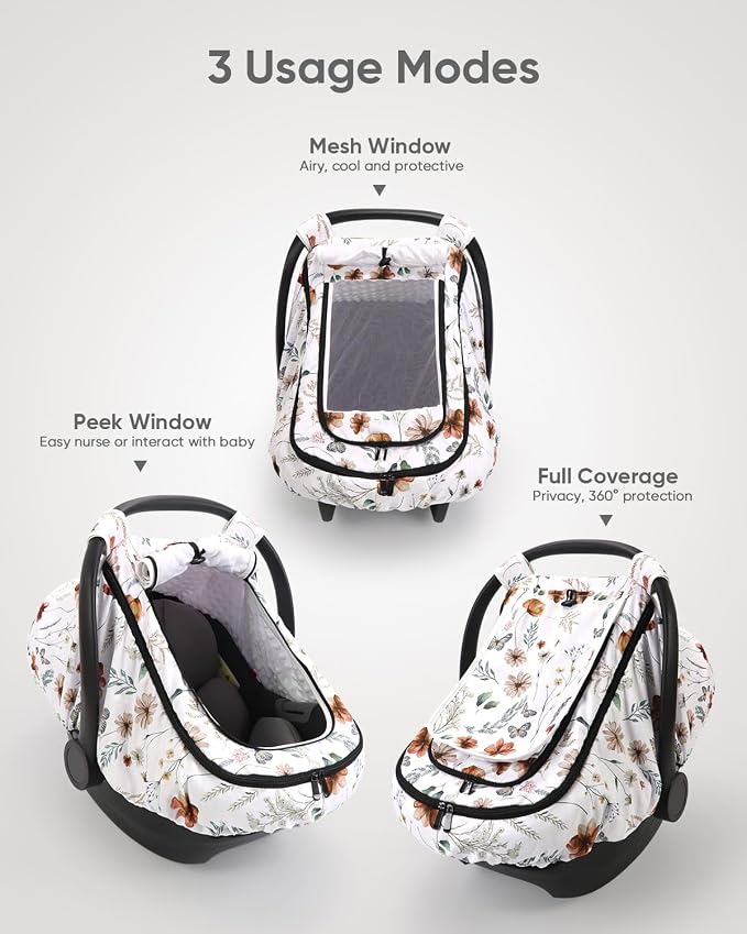 Car Seat Cover Baby Girls, Infant Car Seat Canopy Outdoor, 2 Layers with Mesh and Sun Shade Window for Summer Winter, Easy Access Carseat Covers Snug Fit Baby Stroller - Brown Wildflower