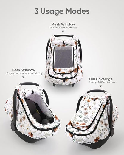 Car Seat Cover Baby Girls, Infant Car Seat Canopy Outdoor, 2 Layers with Mesh and Sun Shade Window for Summer Winter, Easy Access Carseat Covers Snug Fit Baby Stroller - Brown Wildflower