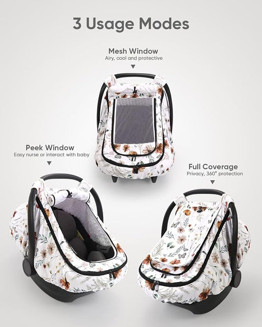 Car Seat Cover Baby Girls, Infant Car Seat Canopy Outdoor, 2 Layers with Mesh and Sun Shade Window for Summer Winter, Easy Access Carseat Covers Snug Fit Baby Stroller - Brown Wildflower