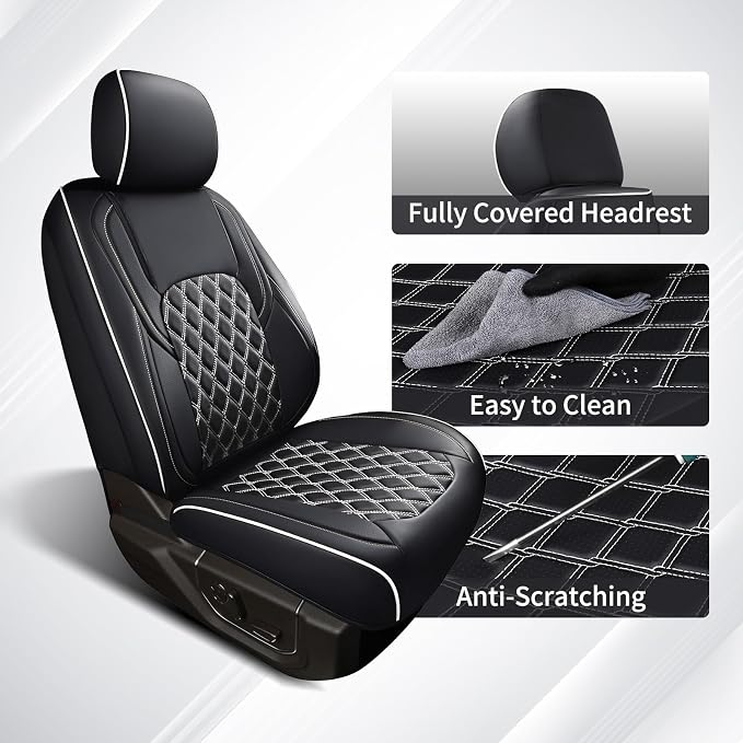 Huidasource F150 Leather Seat Covers Custom Fit for 2015-2025 F150 SuperCrew & 2017-2025 F250 F350 F450 Super Duty Crew Cab XL XLT Lariat King Ranch Platinum(Front Pair/Black&White)