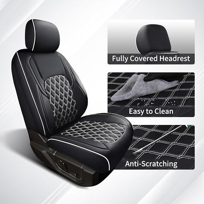 Huidasource F150 Leather Seat Covers Custom Fit for 2015-2025 F150 SuperCrew & 2017-2025 F250 F350 F450 Super Duty Crew Cab XL XLT Lariat King Ranch Platinum(Front Pair/Black&White)