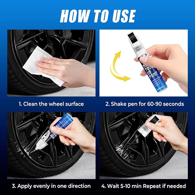 Gloss Black Rim Touch Up Paint, 2-in-1 Brush & Tip, 0.4 fl oz - Universal Black Rim Curb Rash Repair Kit for Scratches, Scuffs on Alloy/Metal Wheels, OEM Color Match, Quick-Dry & Long-Lasting