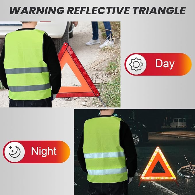 DASBET 3 Pack Emergency Warning Triangles with 2 Pack Reflective Vest Kit | Roadside Safety Triangle, Foldable Warning Reflective Triangle with Case for Vehicles Breakdown & Emergencies