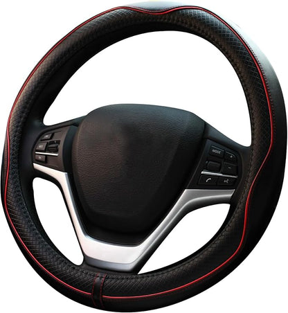 Microfiber Leather Car Steering Wheel Cover, Soft Padding, Durable, No Smell, Universal 15 Inch Steering Cover, Anti-Slip Embossing Pattern A, Black with Red Line