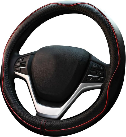 Microfiber Leather Car Steering Wheel Cover, Soft Padding, Durable, No Smell, Universal 15 Inch Steering Cover, Anti-Slip Embossing Pattern A, Black with Red Line
