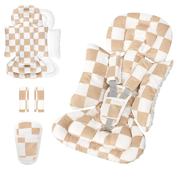 DILIMI Infant Car Seat Insert, Baby Car Seat Head Support with 3 Strap Paddings, Soft Newborn Car Seat Cushion for Stroller, Swing, Bouncers, Brown Checkered