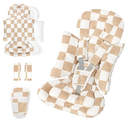 DILIMI Infant Car Seat Insert, Baby Car Seat Head Support with 3 Strap Paddings, Soft Newborn Car Seat Cushion for Stroller, Swing, Bouncers, Brown Checkered