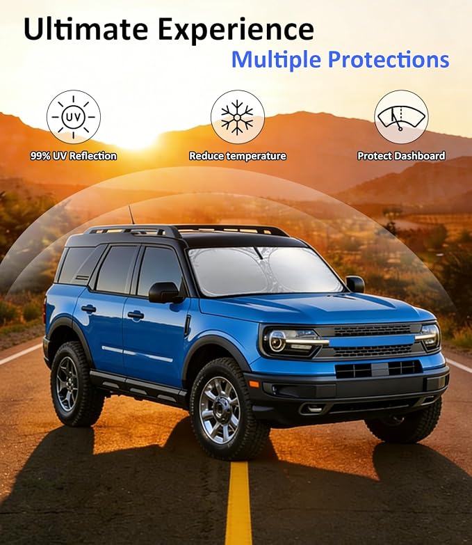 Windshield Sun Shade for Ford Bronco Sport 2021 2022 2023 2024 2025 2026 Accessories, Car Front Window Sun Visor & Heat Shield | 420D Sunshade Protection Blocks UV Rays Keep Your Car Cooler