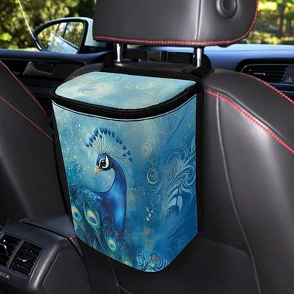 Talayituse Blue Peacock Print Car Trash Bin, Large Size Auto Trash Can Adjustable Portable Garbage Can with Lid, Vehicle Hanging Bag for Headrest Front Back Seat