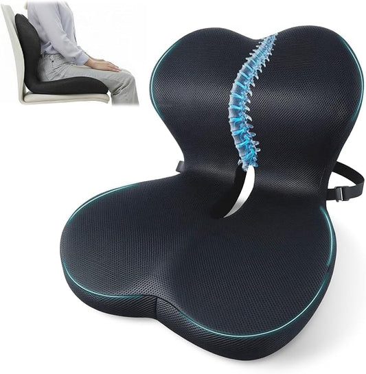 Memory Foam Seat Cushion,Office Chair Cushion with Lumbar Support for Back Pressure Relief, Car Seat Cushion with Adjustable Strap,Sciatica Pad Cushions for Car,Truck, Desk (D-black+mesh Cloth)