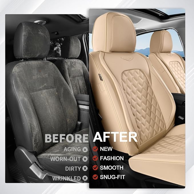 Coverado Full Set Leather Car Seat Covers, Waterproof Faux Leather Seat Covers, Beige Car Seat Protectors, 5 Seats, Universal Fit for Most Cars & SUVs-Beige