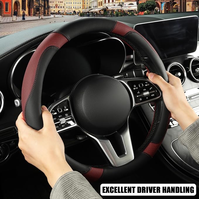 Microfiber Leather Steering Wheel Cover, Breathable, Anti Slip, Universal 15 inch, Black with Burgundy
