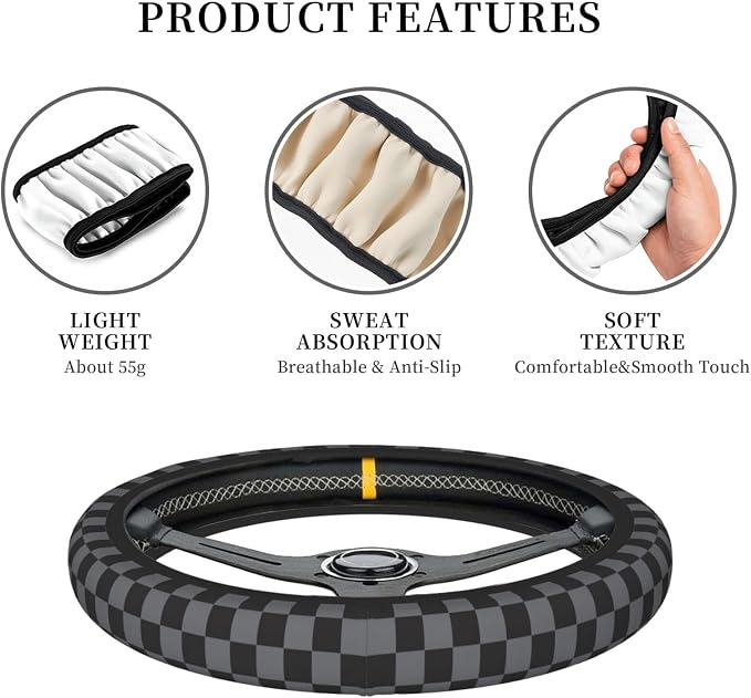 Dark Gray Checkered Steering Wheel Cover for Women, Universal Auto Steering Wheel 14-15 Inch Car Interior Accessories with 2PCS Car Coasters, Suitable for Men and Women
