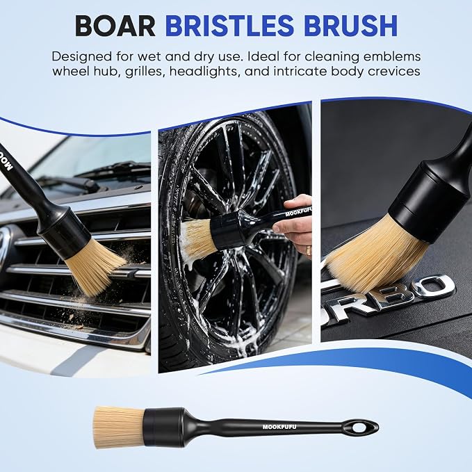 Car Detailing Brush, 6PCS Ultra Soft Boars Hair Car Interior Exterior Detailing Brushes, Scratch-Free Car Cleaning Dust Brush for Dashboard, Emblem, Air Vents, Wheels, Leather Seat