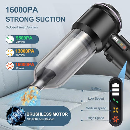 Portable Handheld car Vacuum Cleaner, 16000PA Vacuum Suction, Equipped with Two high-Efficiency Filters, Used for Cleaning car interiors, Sofas, pet Hair, and Small-Scale Garbage Stains