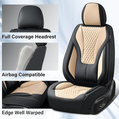 Coverado Waterproof Nappa Leather Car Seat Covers, Automotive Fullset Seat Covers, 5 Seat Car Seat Cushion & Seat Protector, Black&Beige Front and Rear Covers Universal Fit for Most Cars, SUVs, Trucks