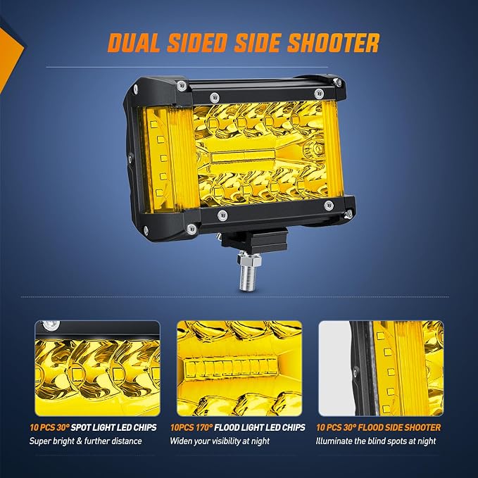Nilight Side Shooter LED Light Bar 2PCS 4.3Inch Triple Row Spot Flood Combo Yellow Beam Lighting with 5Pin Rocker Switch Wiring Harness Kit for Off Road Light on Truck SUV ATV UTV