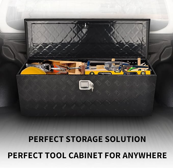 44 Inch Aluminum Truck Bed Tool Box, 5 Bar Tread Truck Tool Box with Lock&Keys, Heavy Duty Waterproof Flatbed tool box for Vans, Trailers, RVS，Trucks, Black(44"x15"x15")