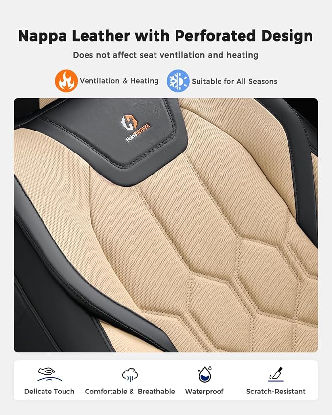 Huidasource Seat Covers Full Set, Universal Fit for Most Cars SUV Trucks, Full Coverage Leather Seat Cover, Airbag, Cupholder Compatible, Seat Function Retain, Easy Install with Velcro, Black & Beige