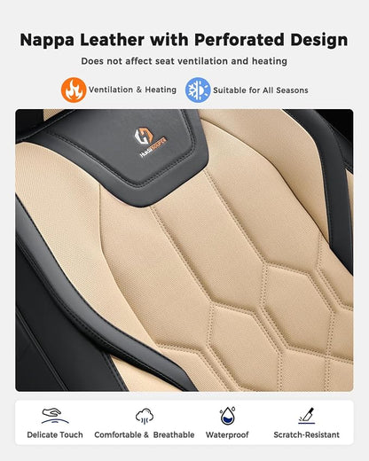 Huidasource Seat Covers Full Set, Universal Fit for Most Cars SUV Trucks, Full Coverage Leather Seat Cover, Airbag, Cupholder Compatible, Seat Function Retain, Easy Install with Velcro, Black & Beige