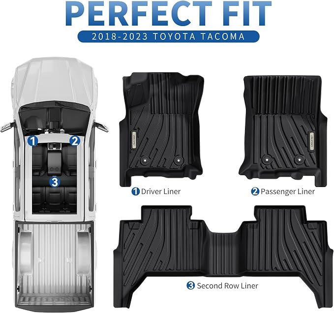 OEDRO Upgraded Floor Mats Fit for Toyota Tacoma 2016-2023 (Only for Double Cab & Automatic), All Weather TPE Tacoma Floor Liner Front and Rear 2 Row Mats,Black