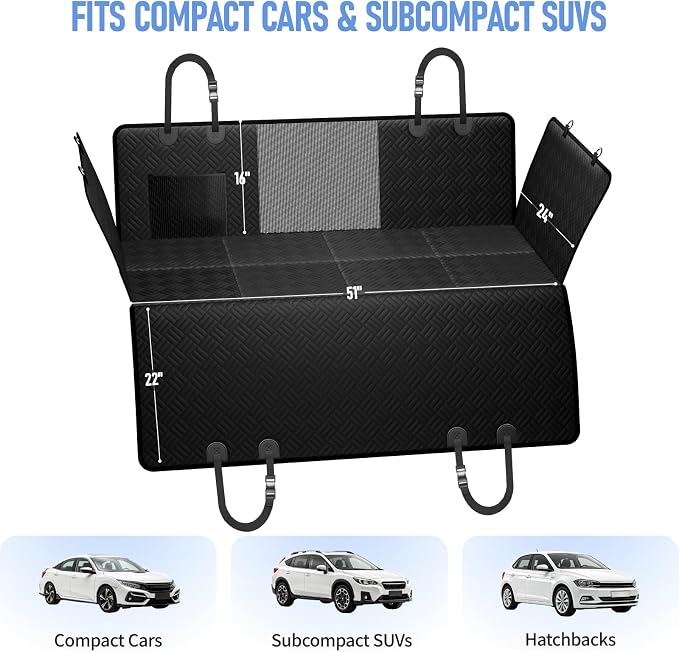 PROZAR Dog Car Seat Cover for Back Seat, Hard Bottom Back Seat Extender, Pet Cover for Dogs - Supports 400lbs, Waterproof Heavy Duty Scratch Dog Hammock for Compact Cars/SUVs, 51in -Black