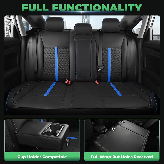 for Honda Civic Leather Seat Covers, Sedan Sport, EX EX-L EX-T Touring 2016-2021, Custom Fit Car Seat Cover Full Set, Waterproof Accessories, Black Blue (60/40 Split Benches)