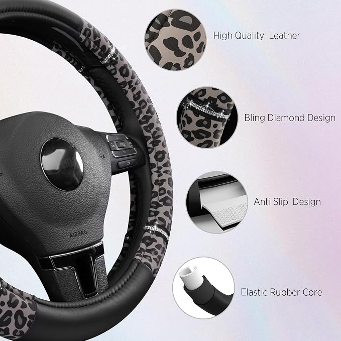 Road Comfort Leather Steering Wheel Cover – Premium Anti-Slip Car Steering Wheel Grip Cover – Universal Fit for 14.5”–15” Cars, Trucks & SUVs - Leopard Pattern