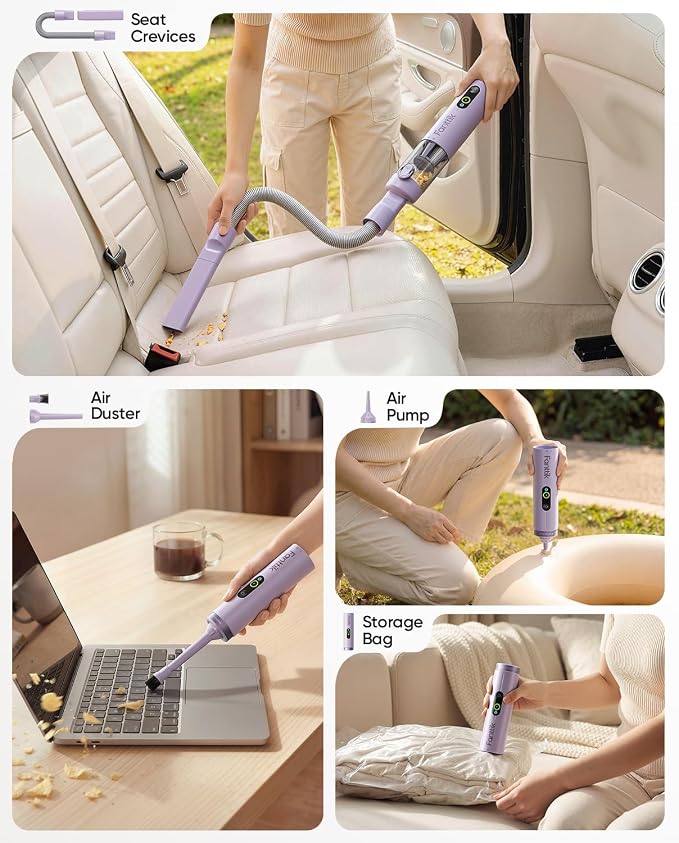 Fanttik Slim V10 Ultra Cordless Car Vacuum, 4-in-1 Portable Mini Vacuum with 19kPa Suction, Freely Combinable Accessories, 2 Suction Modes, Handheld Vac for Car, Small Jobs, Keyboard, Office (Purple)