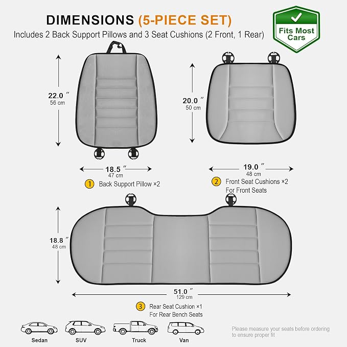 kingphenix 5-Piece Memory Foam Car Seat Cushion Set with Full Back Support Pillow, Comfort for Long Drives & Road Trips, Universal Automotive Comfort for Most Car, Van, Truck, SUV, Gray