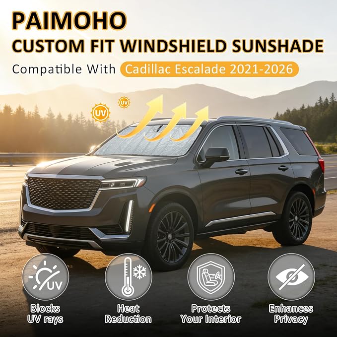 Thickened Windshield Sun Shade for 2021-2026 Cadillac Escalade/ESV | Accordion Front Window Sunshade Aluminum Reflective UV Protection Shield, Foldable Sun Visor with Storage Bag Car accessories