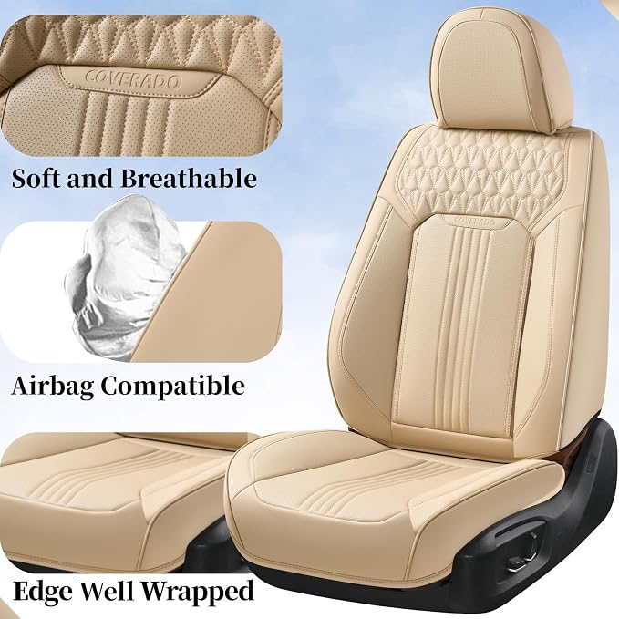 Coverado Seat Covers, Car Seat Covers Full Set, Beige Seat Cover, Front Seats Back Seat Cover, Waterproof Car Seat Cushion, Leather Car Seat Protector Universal Fit Most Cars