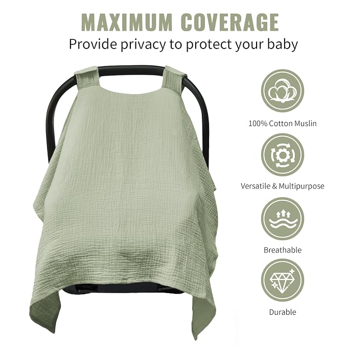 Metplus Muslin Car Seat Cover for Babies, 100% Cotton Breathable Infant Carseat Canopy for Summer, Lightweight Stroller Sunshade Covers for Newborns (Sage)