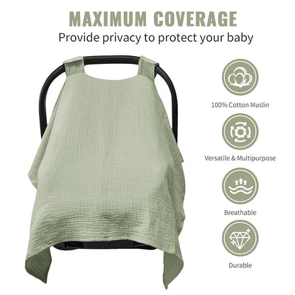 Metplus Muslin Car Seat Cover for Babies, 100% Cotton Breathable Infant Carseat Canopy for Summer, Lightweight Stroller Sunshade Covers for Newborns (Sage)