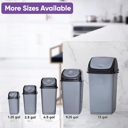 Superio Small Trash Can with Lid 4.5 Gallon Plastic Swing Top Garbage Can Slim Waste Bin for Under Sink/Cabinet, Laundry Room, Kitchen, Office, Bedroom, Bathroom, College Dorm, 18 Qt, Gray/Black