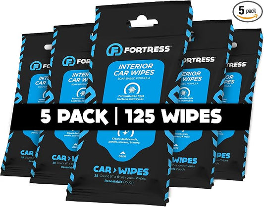 Fortress Car Interior Wipes (25 ct, Pack of 5) for Car Interior Cleaning, Dashboard, Seats, Detailing, and Steering Wheel [Travel Size] Skin-Safe Car Interior Cleaner Supplies
