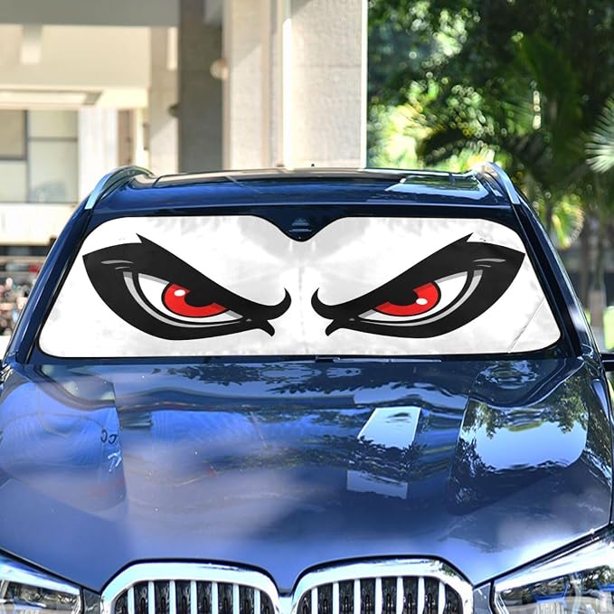 Windshield Sun Shade Cartoon Angry Red Eyes Front Window Block UV Shades Visor Reflective Retractable for Car SUV Trucks
