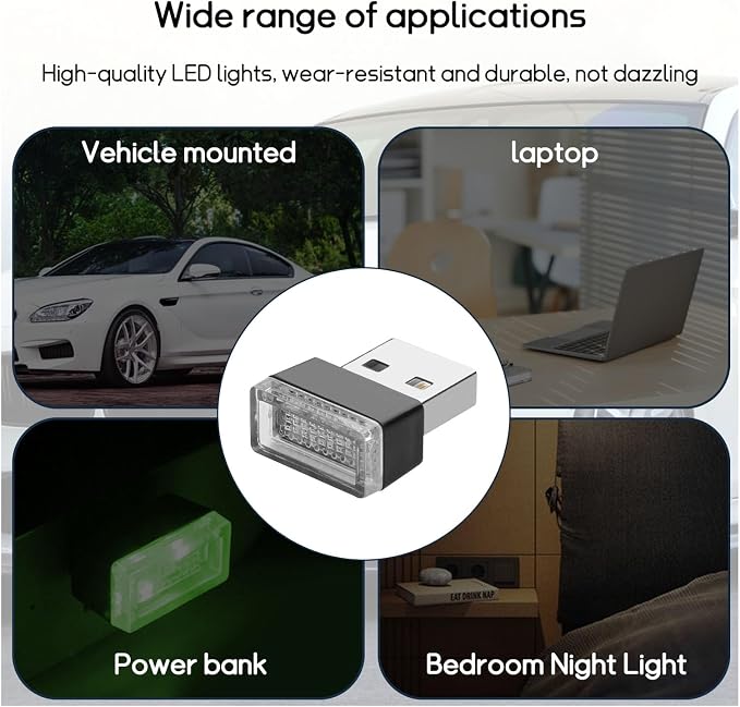 Dickno 4 PCS USB LED Car Interior Atmosphere Lamp, Portable Mini LED Night Light, Plug-in USB Interface Trunk Ambient Lighting Kit, Universal Vehicle Interior Accessories (Green)