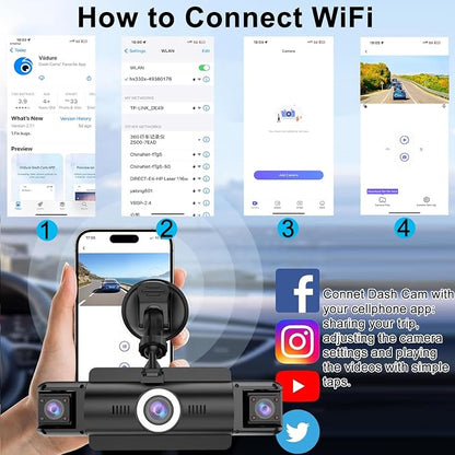 4 Channel 4K Dash Cam Front and Rear Inside, 360° View 1080P Dash Camera for Cars, Super Night Vision, Gravity Sensor, Loop Recording, WDR, 24H Parking Mode, WiFi & APP Control, with 64GB Card