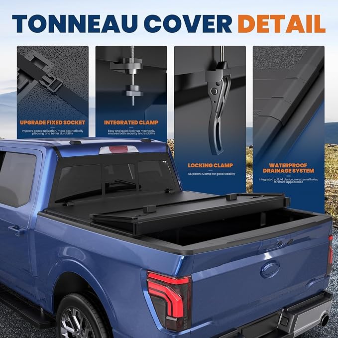 KUIPERAUTO 5.5FT Quad Hard Truck Bed Tonneau Cover Fiberglass Compatible for Ford F150 F-150 2015-2025 Styleside Bed (Not for Flareside) 66Inch