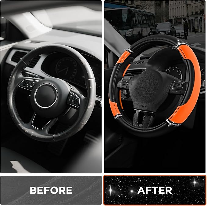 Road Comforts Leather Steering Wheel Cover - Made with PVC Leather - Anti-Slip, Universal Fit 14 1/2 inches to 15 inches - Orange