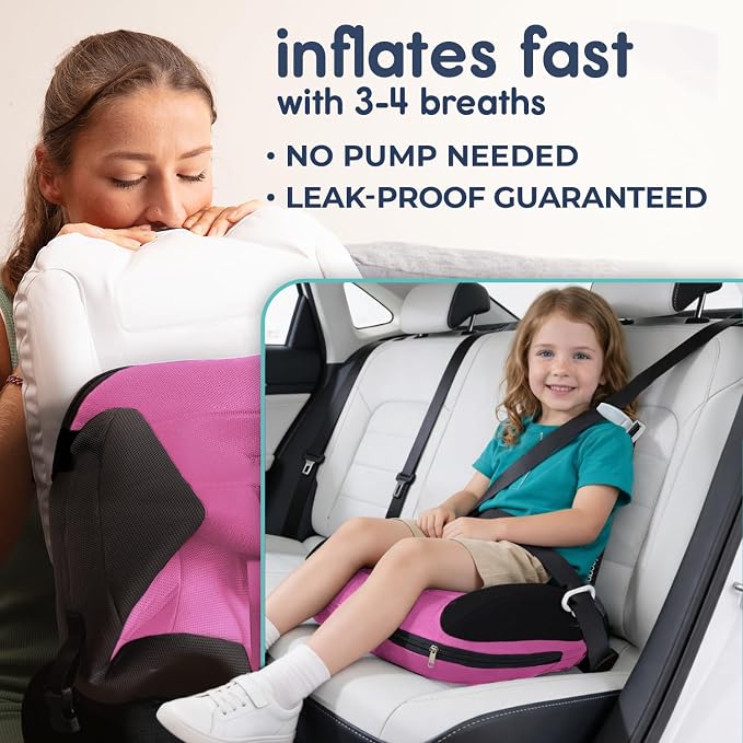 Hiccapop UberBoost Inflatable Booster Car Seat | Blow up Narrow Backless Booster Car Seat for Travel | Portable Booster Seat for Toddlers, Kids, Child | Pink/Black