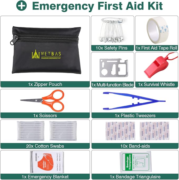 Car Roadside Emergency Kit, Auto Vehicle Safety Emergency Road Side Assistance Kits Essentials, with Jumper Cables, Safety Hammer, Reflective Warning Triangle
