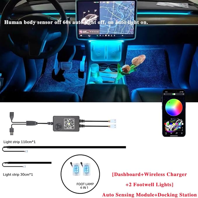 Tlyard Center Console LED Strip Lights for Tesla Model 3 2017-2023, Plug-and-Play, Ambient Light with Human Sensor, Center Console Dashboard Inside Car Lighting Decorations