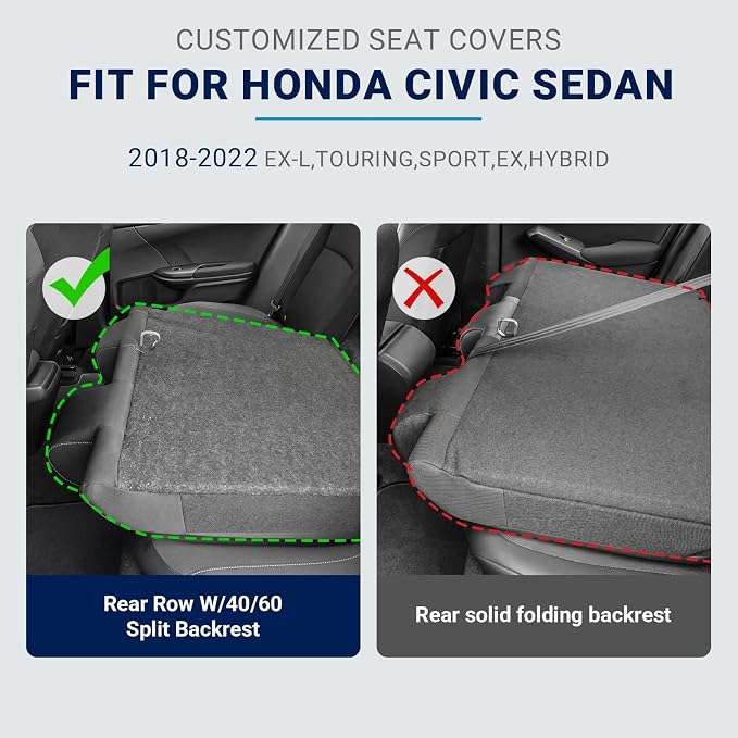 Custom for Honda Accord Seat Covers 2018 2019 2020 2021 2022 EX-L, Touring, Sport, EX, Hybrid, Faux Leather Car Seats Cover Full Set (Rear Row W/40/60 Split Backrest) - Black