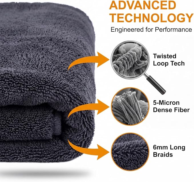 Twisted Loop Microfiber Car Drying Towel, Extra Large 36x24 Inch 1300 GSM Super Absorbent Scratch Free Lint Free Streak Free Washable Professional Auto Detailing Towel for Car SUV Truck Motorcycle