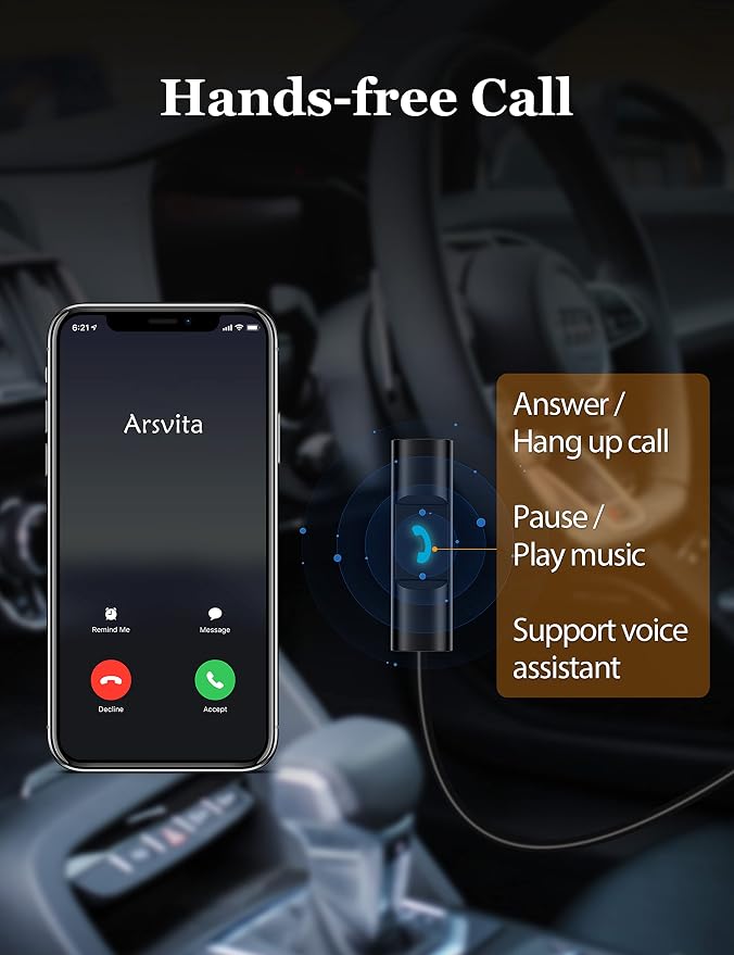 arsvita Bluetooth 5.0 Cassette to Aux Adapter for Car, Tape Audio Adapter, Hands-Free Call, Charcoal Black