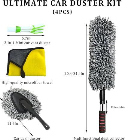 4 PCS Car Duster Kit, Microfiber Scratch Free Multipurpose Cleaning Duster with Extendable Handle, Washable Interior & Exterior Auto Dusting Tools for Cars Trucks SUVs RVs